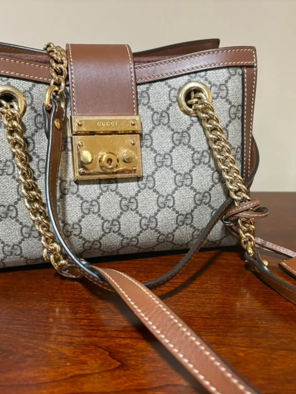 Gucci Brown GG Supreme Leather-Trim Shoulder Bag with Gold Hardware